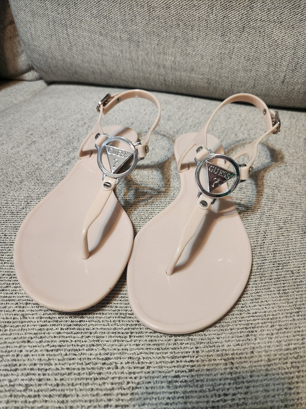 GUESS Pale Blush Jelly T-Strap Sandals with Logo Medallion